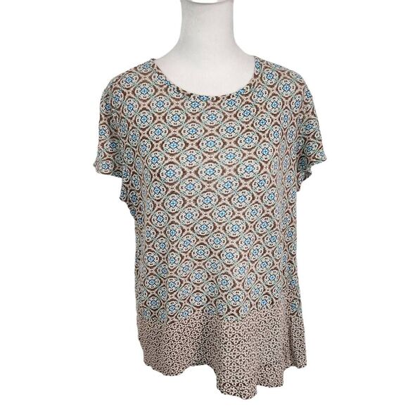 J. Jill Linen T-Shirt Size Medium Brown and Blue Medallion Print Tee - Picture 1 of 7